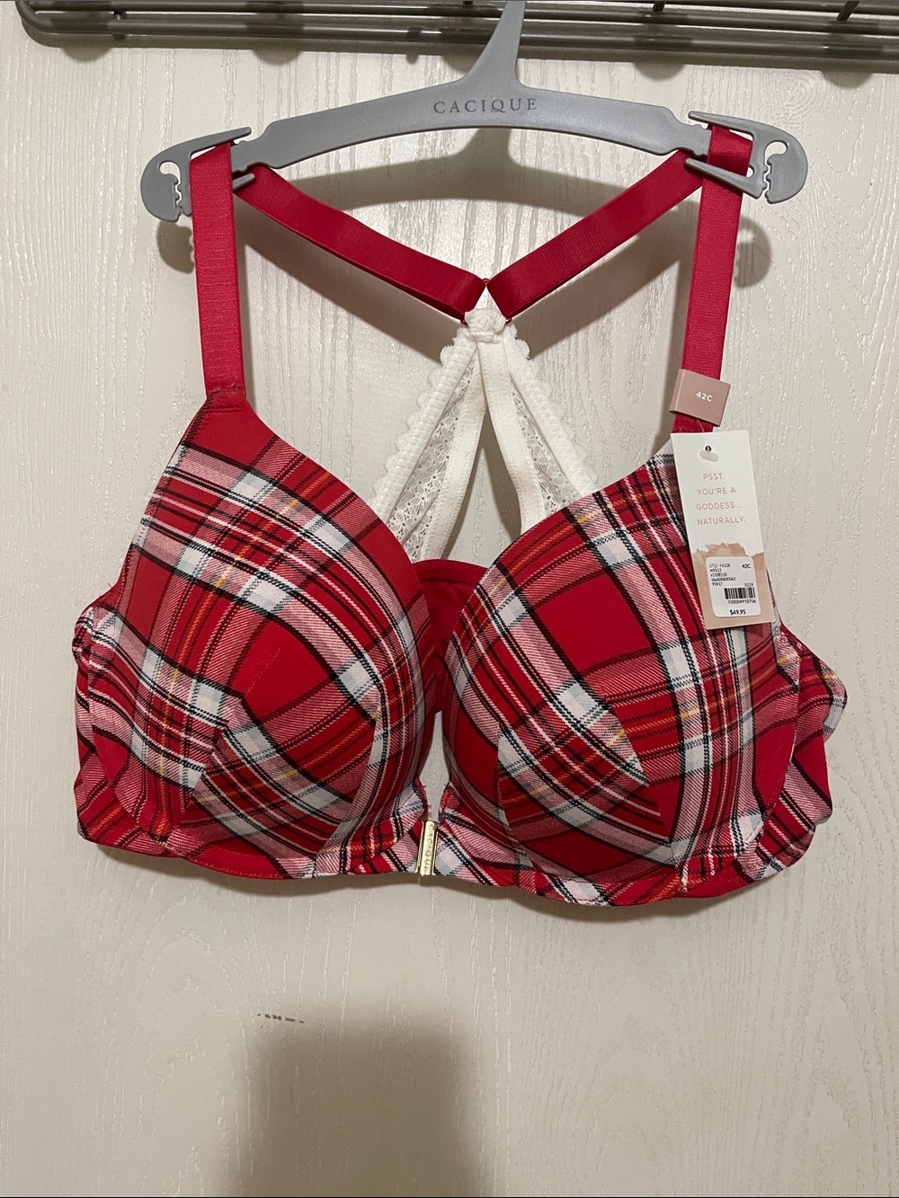Cacique Red Plaid Underwire T-Shirt Bra with Lace Racerback 42C Brand New